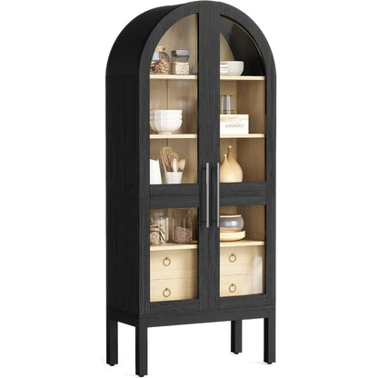 75 Inch Tall Modern Arched Kitchen Pantry Cabinet with Two Large Drawers and Lighting