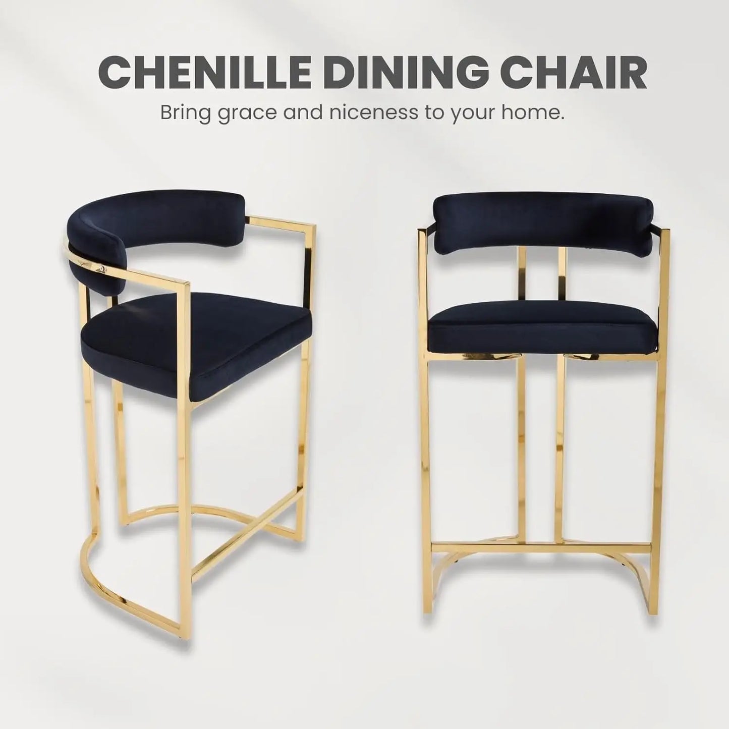 26'' Seat Height Velvet Bar Stools Set of 4, Counter Height, Gold Metal Frame and Footrest, Upholstered Barrel Back