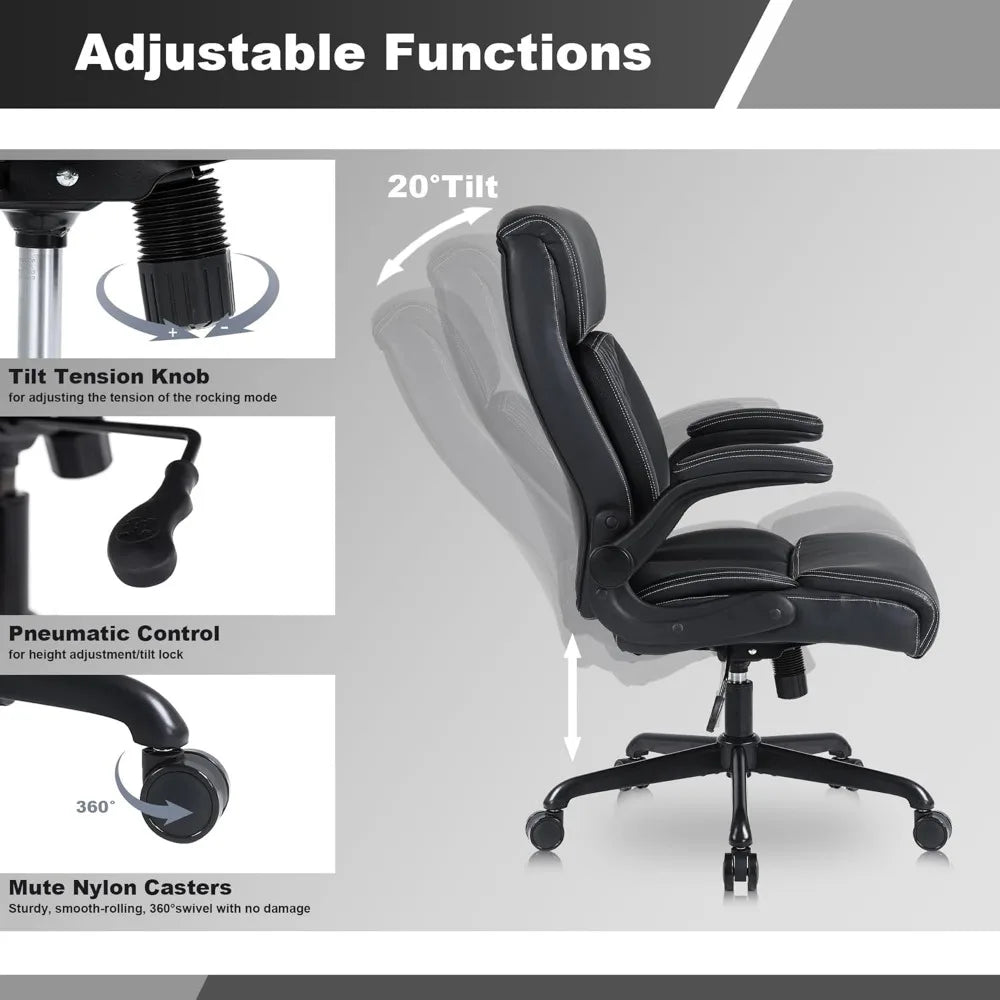 , Ergonomic PU Leather Computer Desk Chair with Lumbar Support, Flip-up Armrests and Adjustable Height