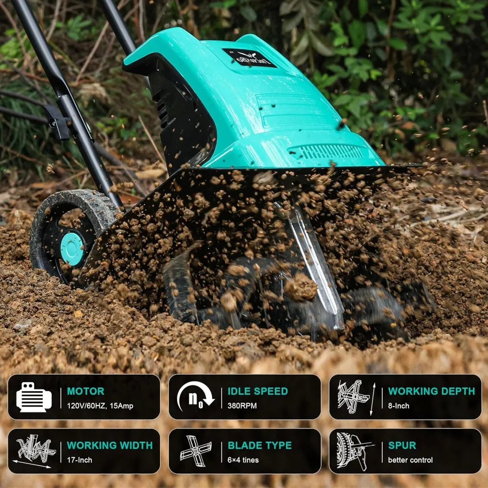 Tiller Cultivator 17 inch 15 Amp, 6 Steel Tines Tillers for Gardening, Electric Rototiller for Yard