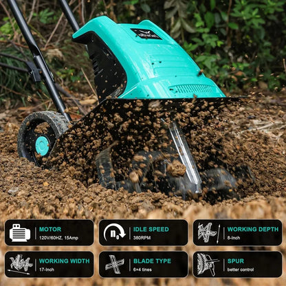 Tiller Cultivator 17 inch 15 Amp, 6 Steel Tines Tillers for Gardening, Electric Rototiller for Yard