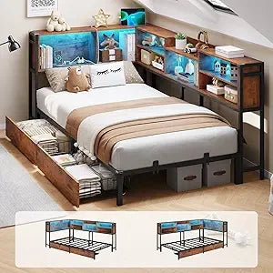 Full Corner Bed Frame with Bookcase Storage and Led Lights Metal Platform Bed Frame with 2 Drawers and Charging Station