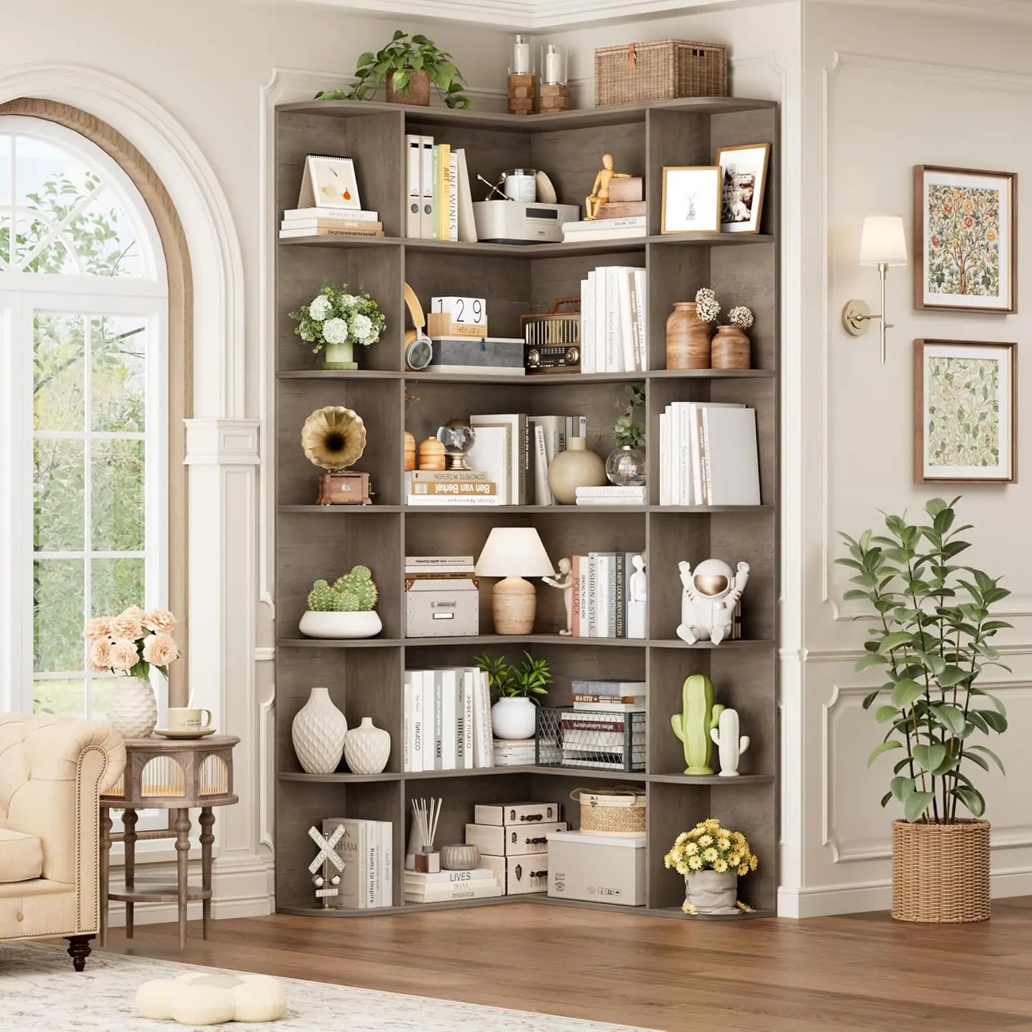 74” Tall Corner Bookshelf, 6-Tier with Open Storage, L Shaped Tall Bookcases Wooden Storage, Customized