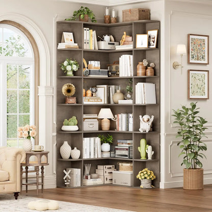 74” Tall Corner Bookshelf, 6-Tier with Open Storage, L Shaped Tall Bookcases Wooden Storage, Customized