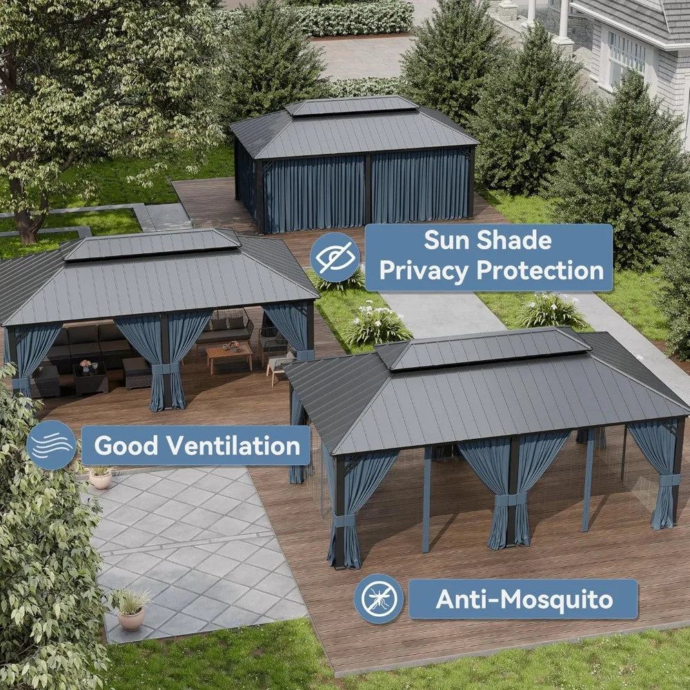 Metal Gazebo with Double Roof and Galvanized Steel, Outdoor Canopy with Curtains and Netting