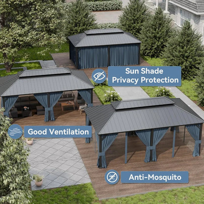 Metal Gazebo with Double Roof and Galvanized Steel, Outdoor Canopy with Curtains and Netting