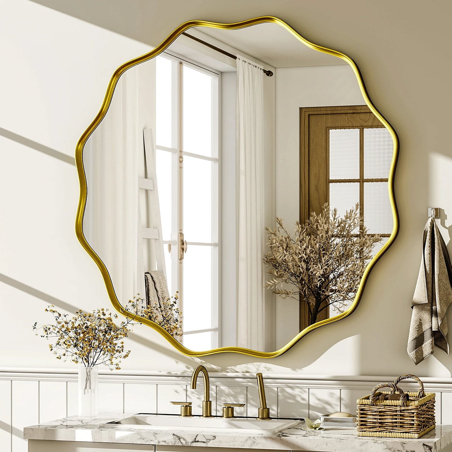 Wavy Round Bathroom Mirror Decorative Wall Mirror with Deep Frame