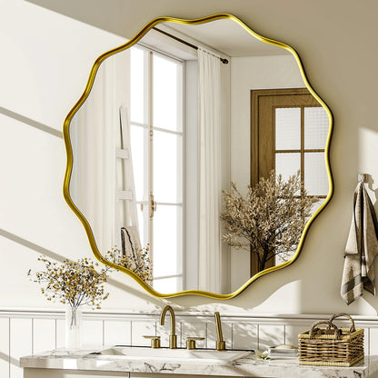 Wavy Round Bathroom Mirror Decorative Wall Mirror with Deep Frame