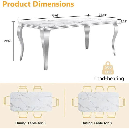 70'' Faux Marble Dining Table with Stainless Steel Legs, Silver and White Dining Room Table for 4-8,