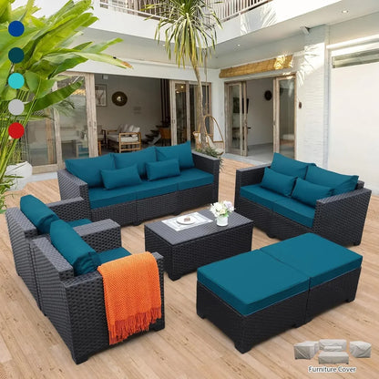 [Best Seller!]Patio Furniture Set 7 Pieces Couch, Outdoor Chairs, Coffee Table, Peacock Blue Anti-Slip Cushions and Waterproof