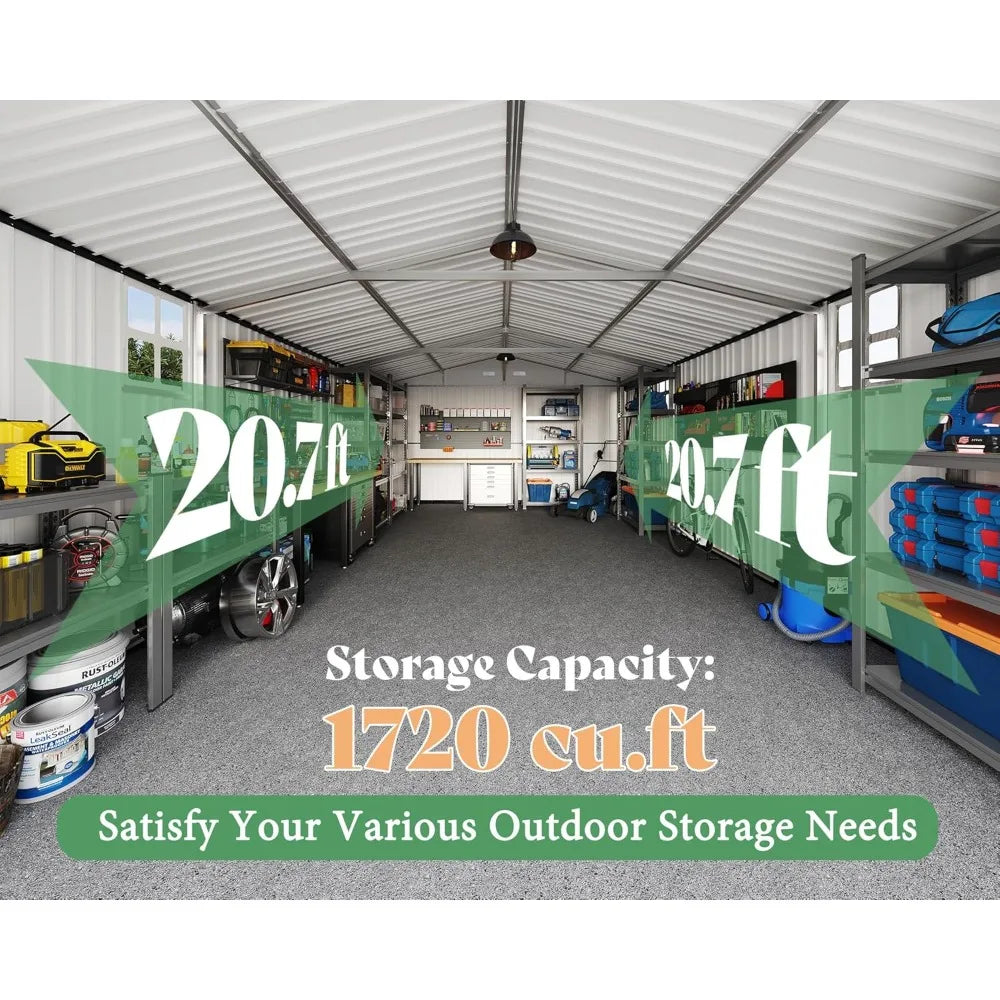 13.2x21x8 FT Outdoor Metal Garage Shed, Extra Large Storage Shed with Double Hinged Doors, 4 Windows, Carport