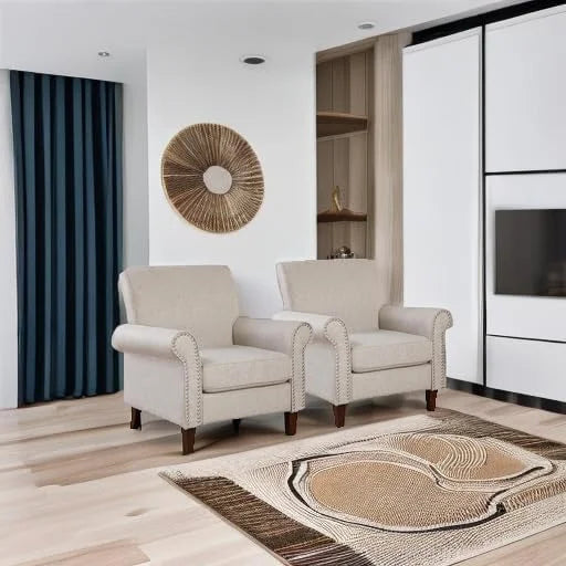 Upholstered, Chair Set of 2 - Large Comfy Fabric Accent Chair,  with Cushion, Rolled Armrest