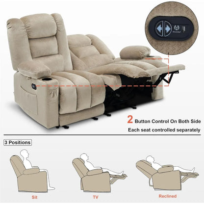 55.9" Power Loveseat Recliner with Heat and Vibration, Fabric Electric Loveseat Recliner, USB Charge Port, Cup Holders