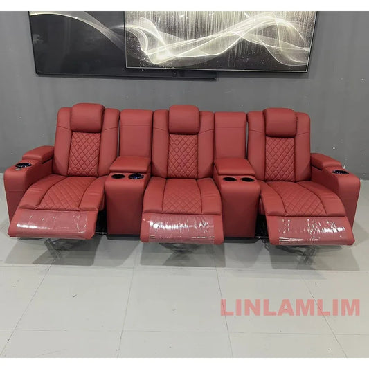 Luxury 3-Seat Recliner Sofa with Cup Holders, Leather Home Theater Seating, Cinema Recliner Couch with Center Console