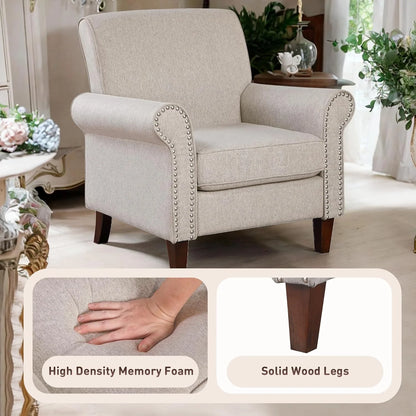 Upholstered, Chair Set of 2 - Large Comfy Fabric Accent Chair,  with Cushion, Rolled Armrest