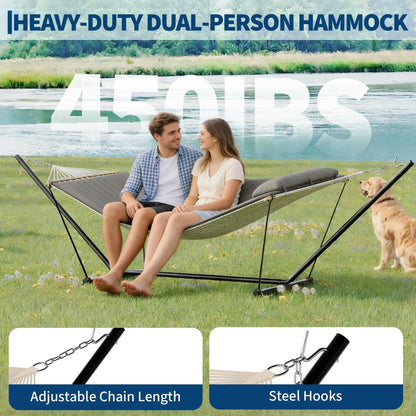 Portable Double Hammock With Stand, 2 Person Heavy Duty  For Outdoors With Pillow & Adjustable Steel Stand