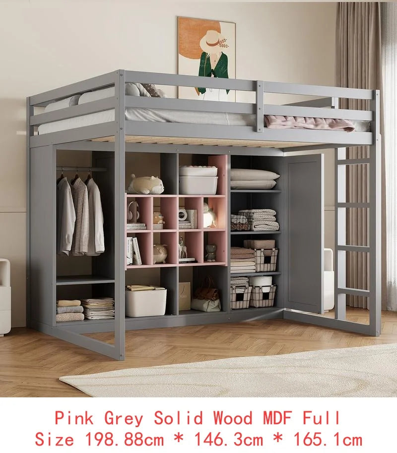 Full-Size Wood Loft Bed with Wardrobe, Shelves, and Storage Cabinet, Gray and Pink