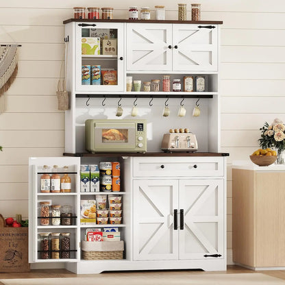 Farmhouse Kitchen Pantry Cabinet, Kitchen Cabinet with Drawer & Doors, Barn Doors Storage Cabinets with Adjustable Shelf