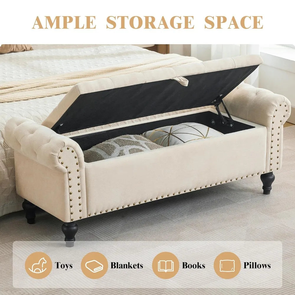 51" Storage Bench Storage Ottomans for Foot of Bed, Chenille Upholstered