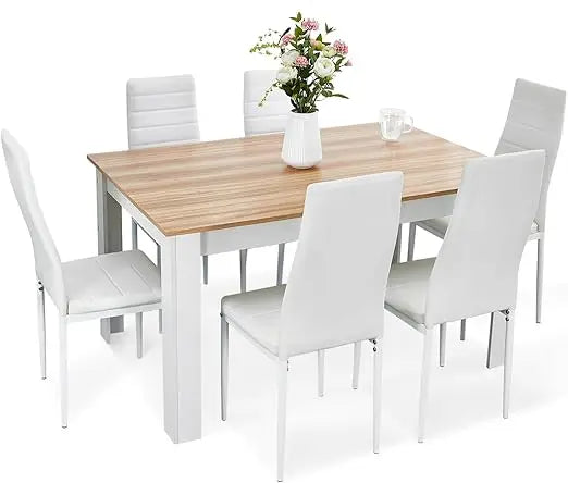 Dining Table and Chairs, Kitchen Table with 6 High Back Faux Leather Chairs