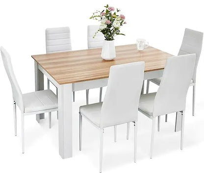 Dining Table and Chairs, Kitchen Table with 6 High Back Faux Leather Chairs