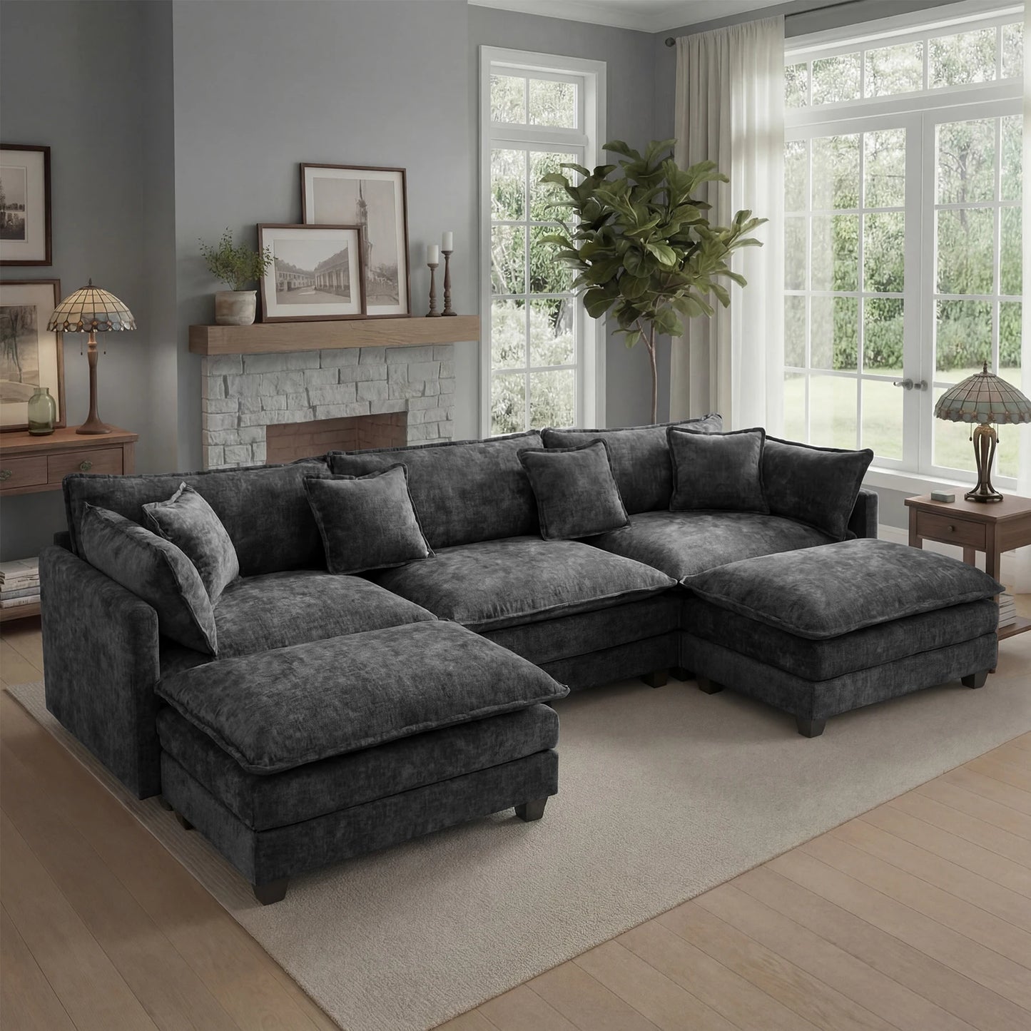 113.4" Modular Sectional Sofa with Ottoman,  Couch with Deep Seat (23.6" D), Solid Wood Frame