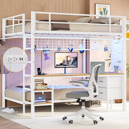 Full Over Twin Bunk Bed with Desk and Led Lights Metal Loft Bed Frame with Charging Station,Storage Shelves and Drawers